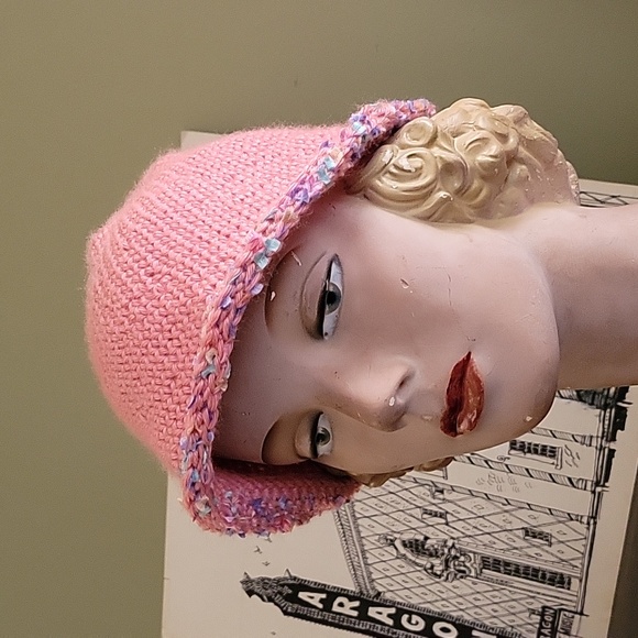 Hand Crafted Accessories - HAND CRAFTED hat with brim HANDMADE pink multi-colored eyelash yarn trim crochet